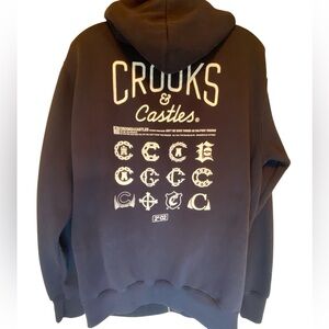 Crooks &Castle men’s zip up hoodie, front kangaroo pockets size large, navy blue